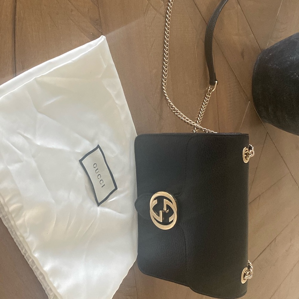 GUCCI Dollar Calfskin Small Interlocking G Shoulder Bag Black